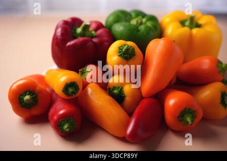 Lebendige Auswahl an frischen Paprika in verschiedenen Farben, die auf einer glatten Oberfläche angeordnet sind und kräftige Farbtöne in einer künstlerischen Komposition mit natürlichem li präsentieren Stockfoto