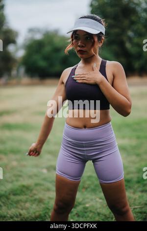 Sportliche Frau mit Lavendelshorts und schwarzem Sport-BH im Freien mit Visier Stockfoto