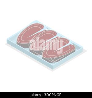 Isometrisches 3D-Flachset gefrorenes Fleisch, vakuumverpackte Lebensmittel. Punkt 3 Stockfoto