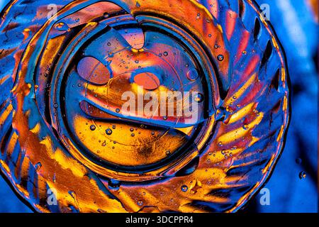 Lebendiges Öl und Wasser wirbeln mit Blau- und Orangetönen, dynamischer abstrakter Makrokunst. Stockfoto