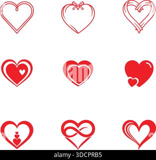 Rote Herzsymbole in konturierten und soliden Stilen, Sammlung von Liebes- und Romantik-Symbolen, Valentinstag-Designelemente isoliert auf weißem Hintergrund. Stock Vektor