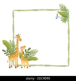 Quadratischer Rahmen, Postkarte: Mutter-Kind-Giraffen, tropische Blätter, ein Vogel. Flacher Cartoon-Style. Aquarell, Pastell, Gouache, Gelb, Orange, grün Stockfoto