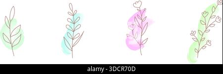 Eine schicke Kollektion handgezeichneter Blattornamente, die mit dezenten Aquarellfarben verziert werden. Perfekt als elegante One-Point-Akzente für Hintergründe, Karten Stock Vektor