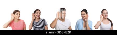 Hörgesundheit. Leute, die Hände neben Ohren halten, auf weißem Hintergrund Stockfoto