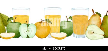 Aquarellfrucht-Grenze Mit Äpfeln Birnen Und Gläsern Saft Angeordnet Auf Weißem Hintergrund, Weiche Pinselstriche Und Zarte Schattierung Erzeugen Leichte Summen Stockfoto