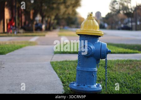Hellgelber und blauer Hydrant an der Wohnstraße Stockfoto