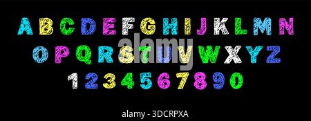 Buntstift mit englischem Alphabet. Spielerische Handschrift für Kinder. Farbige kindliche Buchstaben. Grunge-Style. Vektorabbildung Stock Vektor