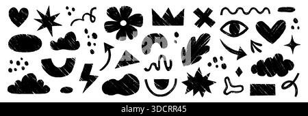 Abstraktes organisches Element-Set mit Buntstiften. Hand gezeichnete Skizze Doodle Scribble Pinsel geometrische Figur Form Buntstift Textur Hintergrund. Abstrakte Pfeil-, Kreis-, Zickzack-organische Elemente. Vektorabbildung Stock Vektor