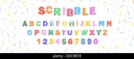 Buntstift mit englischem Alphabet. Auffällige und lustige Kinderschriftart. Buchstaben und Zahlen im Handschriftstil. Grunge-Style. Vektorabbildung Stock Vektor