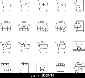 Sammlung von Warenkorbsymbolen mit verschiedenen Symbolen und Elementen des Online-Shops Stock Vektor