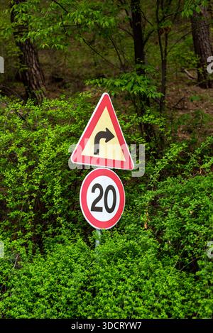 Ein Straßenschild mit einer Rechtskurve und einer Geschwindigkeitsbegrenzung von 20 km/h, umgeben von Grün Stockfoto