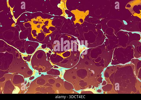 Fluide Ebru Marmorierung Hintergrund mit fließenden flüssigen Farbmustern und künstlerischen Wirbeln. Stockfoto