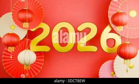 Chinesisches Neujahr 2026 Hintergrund mit Laternen und Papierfächern. Stockfoto