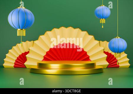 Chinesisches Neujahrspodium mit Papierfächern und grünem Hintergrund. Stockfoto