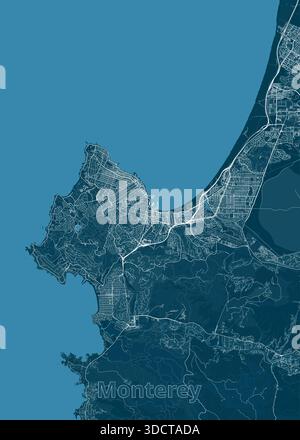Karte von Monterey, Kalifornien, im Blaudruckstil dargestellt. Die Karte zeigt komplexe Linien, die die Straßen und die Küste der Stadt darstellen Stock Vektor