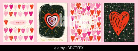 Netter Valentinstag Karten Vektor Set mit Hand gezeichnet rosa und rote Kritzelherzen und Sterne, mit elegantem dunklem und hellem Hintergrund mit Goldpunkten für Stock Vektor