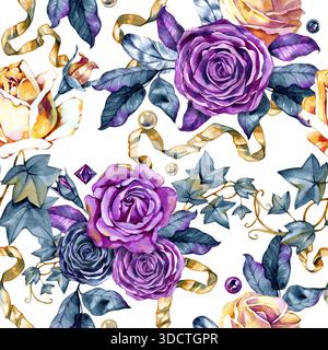 Luxuriöses, nahtloses Aquarellmuster, das Rosen, Federn und dekorative Bänder in einem von Ballett inspirierten Blumendesign kombiniert. Perfekt für Eleganz Stockfoto