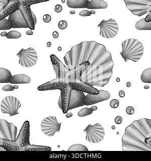 Aquarellgrafiken nahtloses Muster mit Seesternen, Muscheln, Blasen und Steinen auf weißem Hintergrund. Marine Design für Stoff, Textil, Tapeten, p Stockfoto