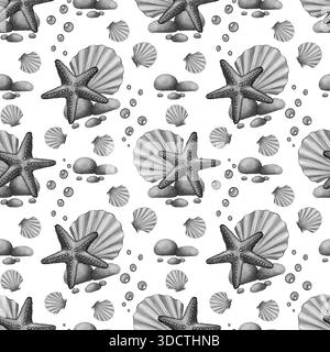 Aquarellgrafiken nahtloses Muster mit Seesternen, Muscheln, Blasen und Steinen auf weißem Hintergrund. Marine Design für Stoff, Textil, Tapeten, p Stockfoto