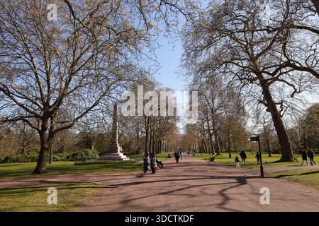 Das nachmittags Sonnenlicht wirft Schatten von Bäumen im Hyde Park, London, während die Menschen an einem hellen sonnigen Tag spazieren und sitzen. Stockfoto