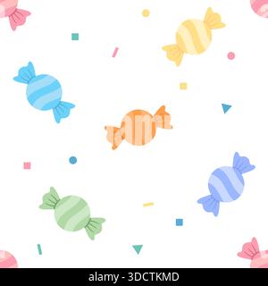 Niedliches nahtloses Vektormuster mit bunten eingewickelten Süßigkeiten und geometrischem Konfetti. Lebendige Süßigkeiten Illustration perfekt für Kinderzimmer Tapeten, Tex Stock Vektor