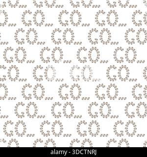 Buchstaben GEHEN und drei Punkte aus Outline Coffee Beans nahtlose Muster Kaffeekörner Hintergrund Idee. Isolierte Vektor-Illustration Kaffee Tag oder Medienpost Hintergrund Banner, Broschüre, Etikett, Preisschild Stock Vektor