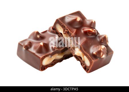 Nahaufnahme von zwei Stücken einer gebrochenen Milchschokolade, die ganze Haselnüsse und Karamellfüllung im Inneren auf weißem Hintergrund enthüllen. Stockfoto