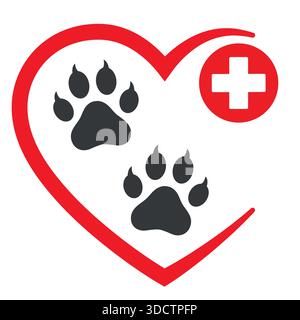 Illustration des Logos der Veterinärklinik. Hundepfoten im Herzen mit medizinischem Kreuz auf weißem Hintergrund Stock Vektor