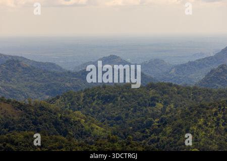 Sanfte grüne Hügel und bewaldete Landschaft im Süden Sri Lankas Stockfoto