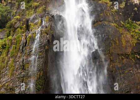 Diyaluma Wasserfall, der eine steile Felswand hinunter fließt, Sri Lanka Stockfoto