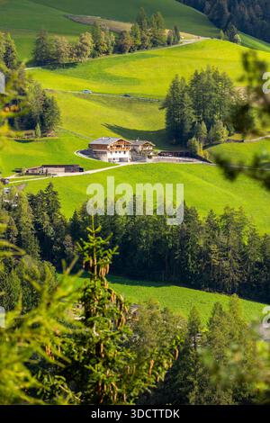 Dolomiten, Italien. Panoramablick auf die Dorfhäuser St. Magdalena oder Santa Maddalena im Sommer Stockfoto