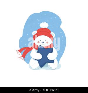 Ein Eisbär mit rotem Hut hält einen Stern in den Pfoten. Cartoon. Minimalismus. Stockfoto
