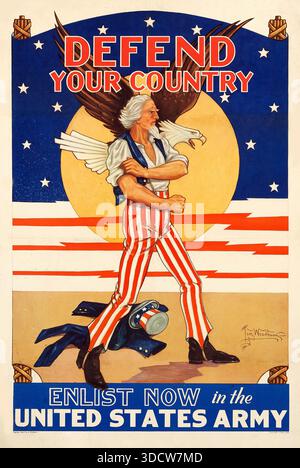 US Army - World war II Recruitment Poster (U.S. Government Printing Office, 1940) „Defect Your Country. Melde dich jetzt in der US-Armee an. Onkel Sam runzelt die Stirn, seinen Hut und seine Jacke zu seinen Füßen, während er seine Ärmel hochkrempelt Stockfoto