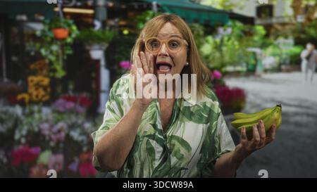 Mittelalter hispanische Frau, die Bananen hält, die Hand auf dem Blumenmarkt in den Mund gelegt, während sie eine Brille und ein Hemd mit grünem Blatt trägt; Überraschungskurio Stockfoto