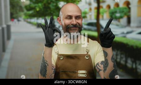 Kahler, bärtiger Mann in einer Schürze mit Tattoos und schwarzen Handschuhen, die ein OK-Zeichen auf der Stadtstraße mit verschwommenem Hintergrund zeigen. Stockfoto