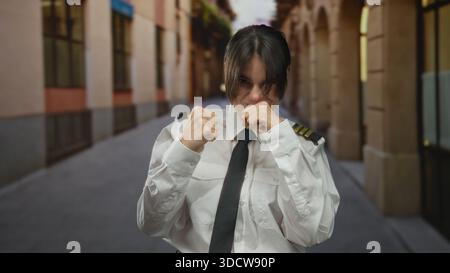 Frau in Pilotenuniform boxt auf einer Stadtstraße und zeigt Entschlossenheit und Ermächtigung draußen. Stockfoto