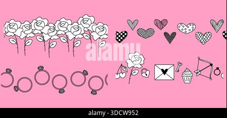 Set zum Valentinstag mit rosafarbenem, nahtlosem, horizontalem Rand. Vektorgrafik-Linie in Schwarzweiß-Illustration. Für Poster, Einladung, Hintergrund, Anzeige, Verkauf Stock Vektor