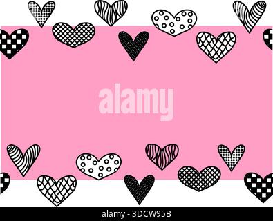 Herzmuster, nahtloser horizontaler Rahmen für Valentinstag. Vektorgrafik-Linie in Schwarzweiß-Illustration. Design für modische Grafiken Stock Vektor