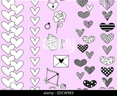 Set zum Valentinstag mit rosafarbenem, vertikalem Rand. Vektorgrafik-Linie in Schwarzweiß-Illustration. Für Poster, Einladung, Hintergrund, Anzeige, Verkauf p Stock Vektor