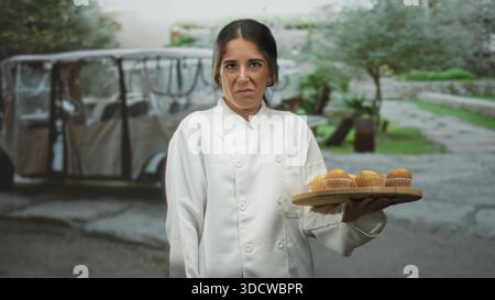 Die Chefkochin hält auf der Straße in der Nähe von Parkwagen und Bäumen ein hölzernes Tablett mit Muffins und grimmigem Gesicht. Stockfoto
