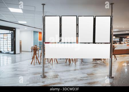 Lounge-Café mit Abflug am Flughafen mit selektivem Fokus auf vier vertikalen, leeren LED-Bildschirmen, breiten horizontalen Plakaten am Stand, moderner Termin Stockfoto