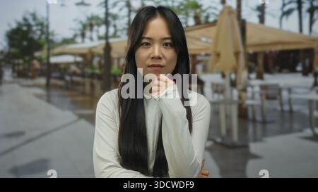 Frau, die draußen auf einer Straße auf der Restaurantterrasse steht, mit einem nachdenklichen Ausdruck, der ein weißes Hemd und lange schwarze Haare trägt und von Sonnenschirmen umgeben ist Stockfoto