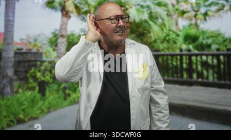 Ranghoher hispanischer Mann Arzt in weißem Mantel mit Brille hält Hand an Ohr an Holzgeländer auf der Gebäudeveranda; Sorge hört aufmerksam zu. Stockfoto
