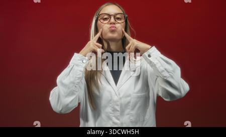 Junge hispanische Frau mit runder Brille und weißem Labormantel, die ihre Wangen mit Zeigefingern und knisternden Lippen in einem roten Atelier drückt; verspieltes che Stockfoto
