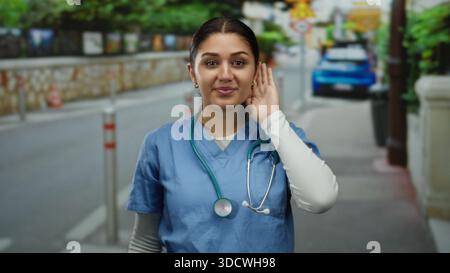 Hispanische Krankenschwester in Schutt mit Stethoskop, die draußen auf einer ruhigen Stadtstraße lauscht und einen Moment aufmerksamer Beschäftigung in einer Zeitgenossen festnimmt Stockfoto