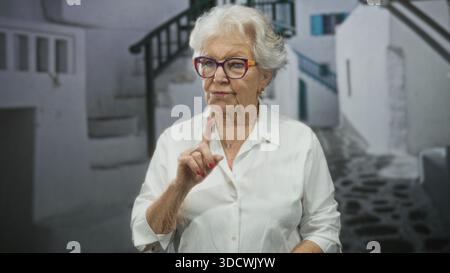 Eine ältere Frau zeigt den Zeigefinger nach oben, trägt eine bunte Brille und ein weißes Hemd in einer engen Steinstraße mit Treppen und Geländer; eine starke Warnung. Stockfoto