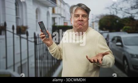 Der Mann zeigt mit dem Finger auf die Fernbedienung, während er es nahe an einer Wohnstraße hält, die von weißen Terrassenhäusern und geparkten Autos gesäumt ist; amüsierte Neugier. Stockfoto