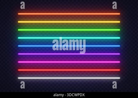 Ein farbenfroher Satz leuchtender Neonlinien in parallelen Reihen auf einem transparenten Hintergrund. Die lebendige Palette verleiht Energie und Flexibilität für kreative Zwecke Stock Vektor