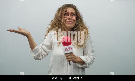 Eine Reporterin, die ein rotes Mikrofon mit der Aufschrift Nachrichten hält und die Hand in Richtung leerer Räume im Studio mit neutraler Kulisse bewegt; Unsicherheit. Stockfoto