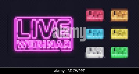 Sammlung leuchtender LIVE-WEBINAR-Neonschilder in lebendigen Stilen, ideal für Online-Events, Streaming-Ankündigungen oder Übertragungen. Stock Vektor
